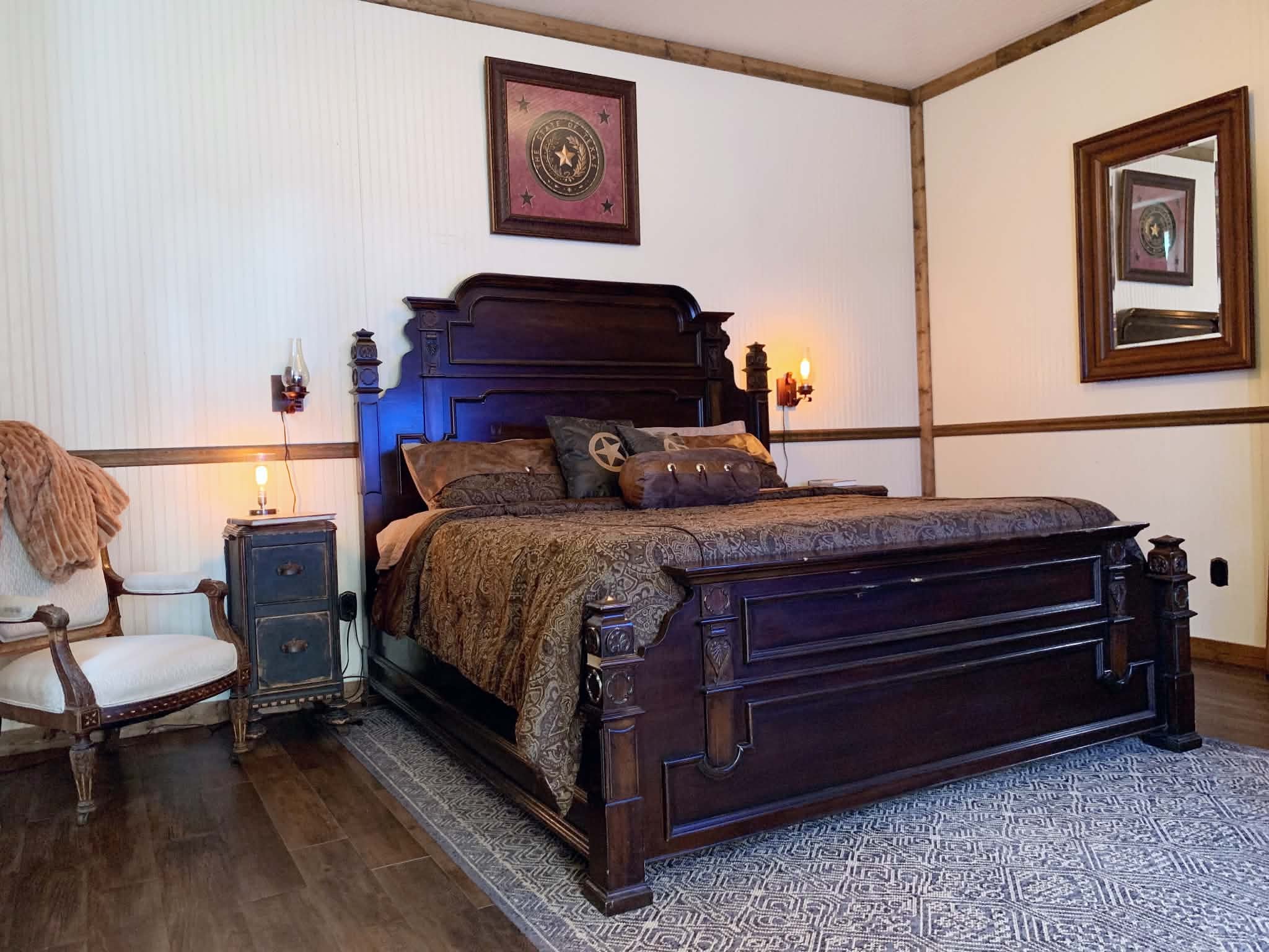 The Ledger Room — queen bedroom with built-in shelving